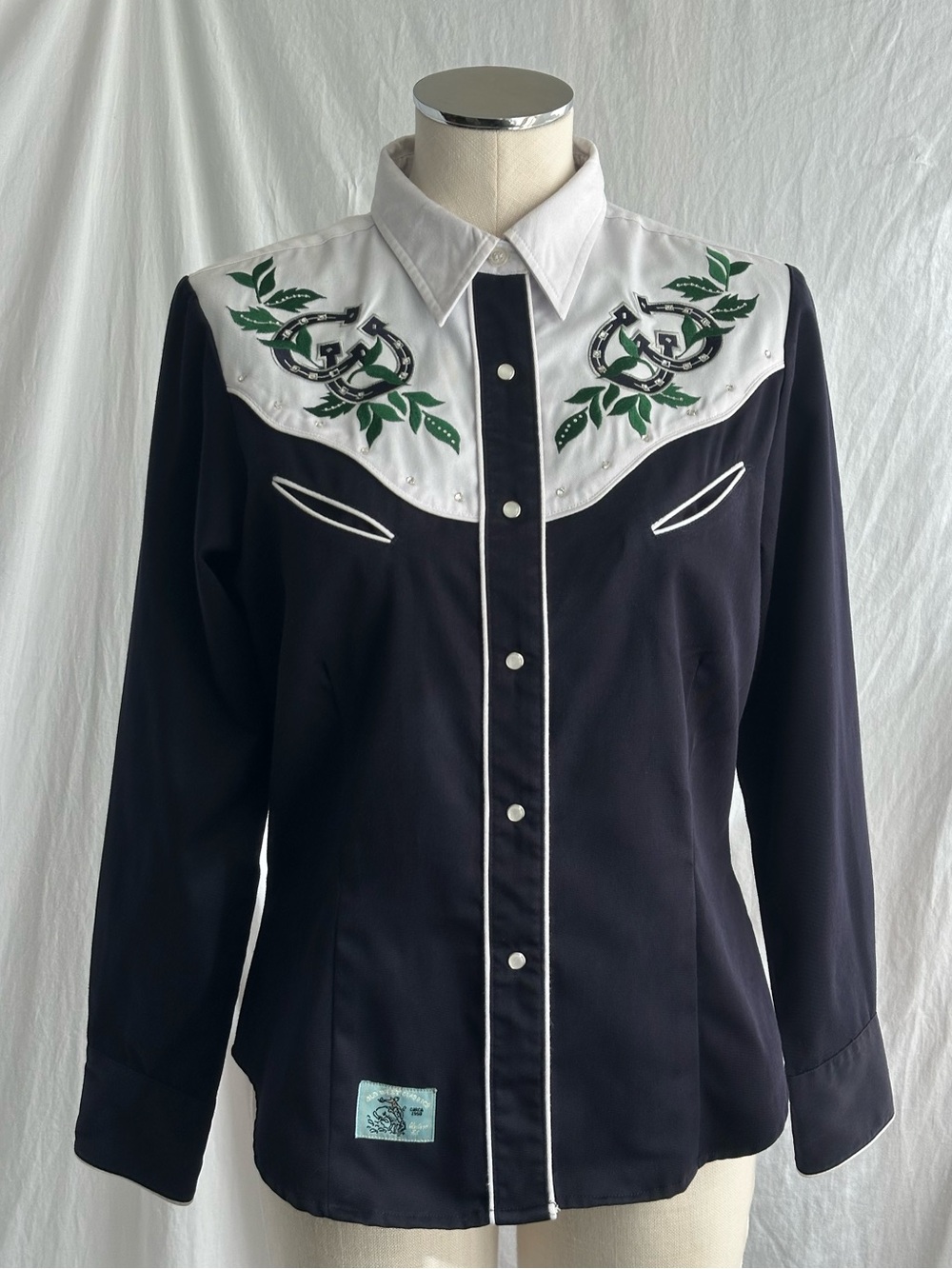 Roper Women’s Navy Western Shirt with Light Grey Yoke + Lucky Horseshoes | M